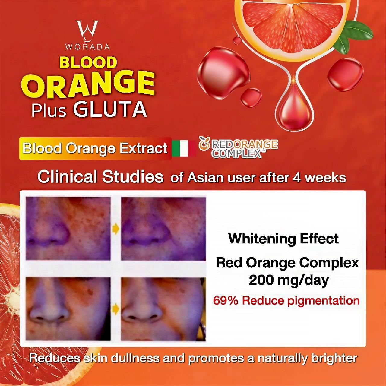WORADA ITALY Imported Blood Orange Plus Gluta Glutathione Whitening Supplement Reveal Radiant Bright & Clear Skin from Within Premium Blood Orange Extract + Anti-Aging Detox & Inner Beauty Formula Dietary Italy Ingredients for Inner Beauty Formula Edible