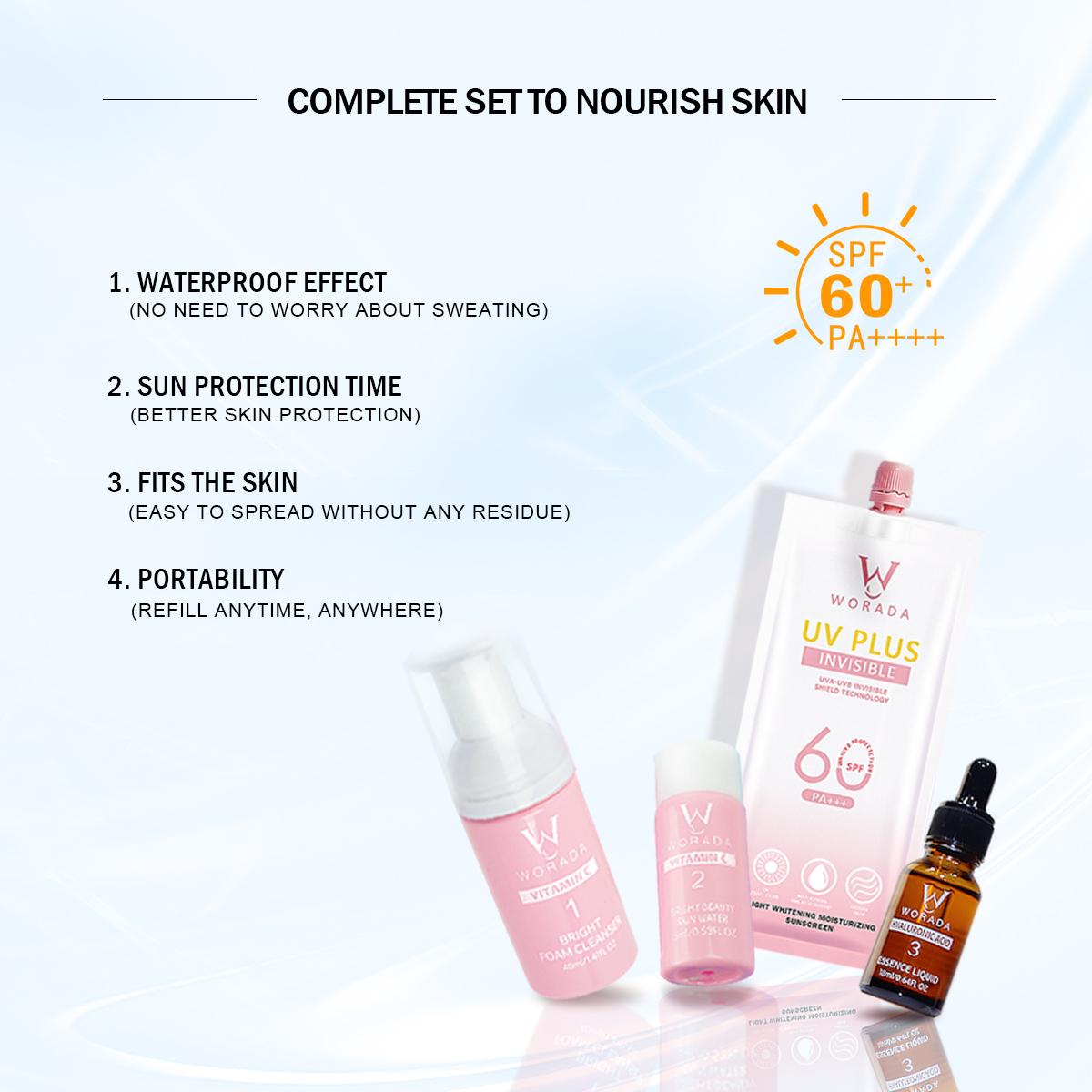 [FDA approved]WORADA 4-IN-1 Whitening Rejuvenating Set UV Plus Brightening Skin Care Kit with Vitamin C Foam Cleanser Hyaluronic Acid Essence SPF60 Sunscreen for All Skin Types Toner Soothing Repair Smooth Hydrating Moisture Moisturize  Hydrate Cleansing