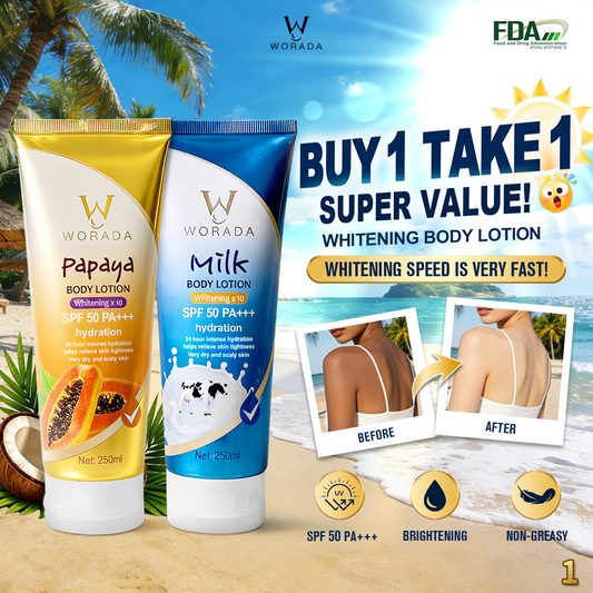 [FDA Approved] Buy 1 Get 1 Free WORADA SPF50 Whitening Body Sunscreen Moisturizes, brightens skin tone, repairs skin, lightweight daily body lotion, suitable for all skin types, outdoor sun protection, UV protection, added glutathione whitening ingredient