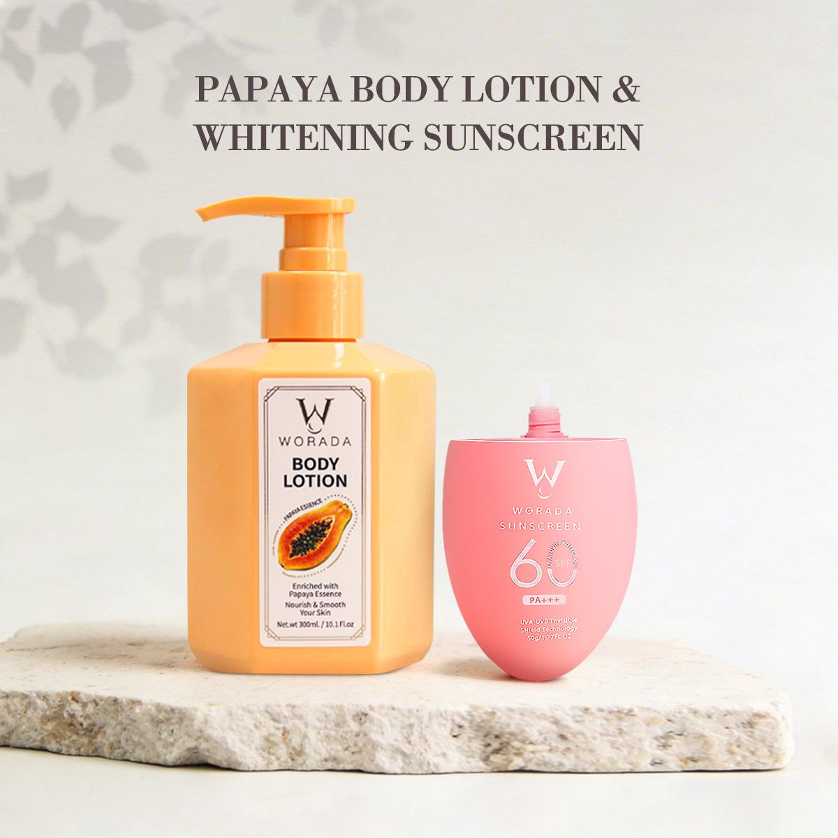 [FDA Approved] BUY 1 TAKE 1 WORADA SPF60 Sunscreen Sunblock + Papaya Whitening Lotion | Waterproof UV Protection | Brightening & Skin Repair | Deep Hydration Moisturizer | Body Care Combo | All Skin Types | Daily Use Glow Skin