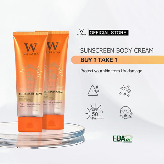[FDA Approved] worada BUY 1 TAKE 1 WORADA HYA SUN BODYCREAM SPF50 Easy makeup Make skin white and bright softand smooth WATERPOOF SUNSCREEN LOTION 100ML FORAll Skin Types Body Care Hydrating Waterproof Uv PackCosmetic Comfort Moisturizer Moisture Sunblock