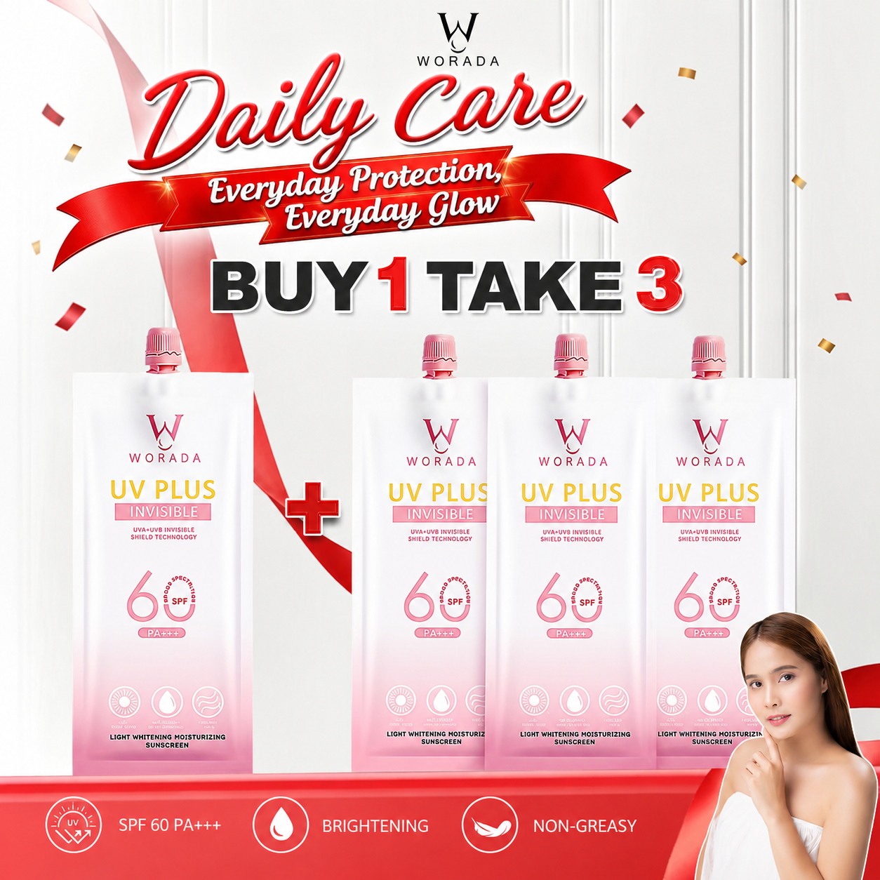 [FDA Approved] BUY 1 TAKE 1 WORADA SPF60 Facial Sunscreen Sunblock Whitening Cream Comfort Skincare Long Lasting All Skin Types 3IN1 Sunscreen Protection Moisturizer MakeUp Primer Skin Repair Uv Daily Hydrating Moisture beauty salve Pack WaterProof Gentle