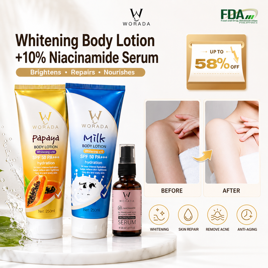 [FDA Approved] WORADA SPF50 Whitening Body Sunscreen+10% Niacinamide Serum, Moisturizes, Brightens Skin, Repairs, Lightweight Daily Lotion, Controls Oil, Reduces Acne, Blemishes & Redness, Fast Results, All Skin Types, UV Protection, Glutathione Whitening