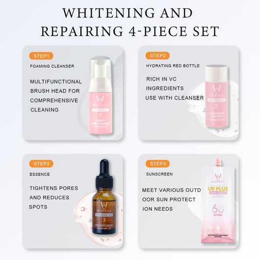 [FDA Approved]WORADA Whitening Rejuvenating Set UVPlus Brightening Repairing Suitable For All Skin Type VitaminC foam cleanser/Vitamin C toner/Hyaluronic acid essence/SPF60 sunscreen Skin Repair Moisturizer Kit Soothing Cleansing Hydrating Moisture