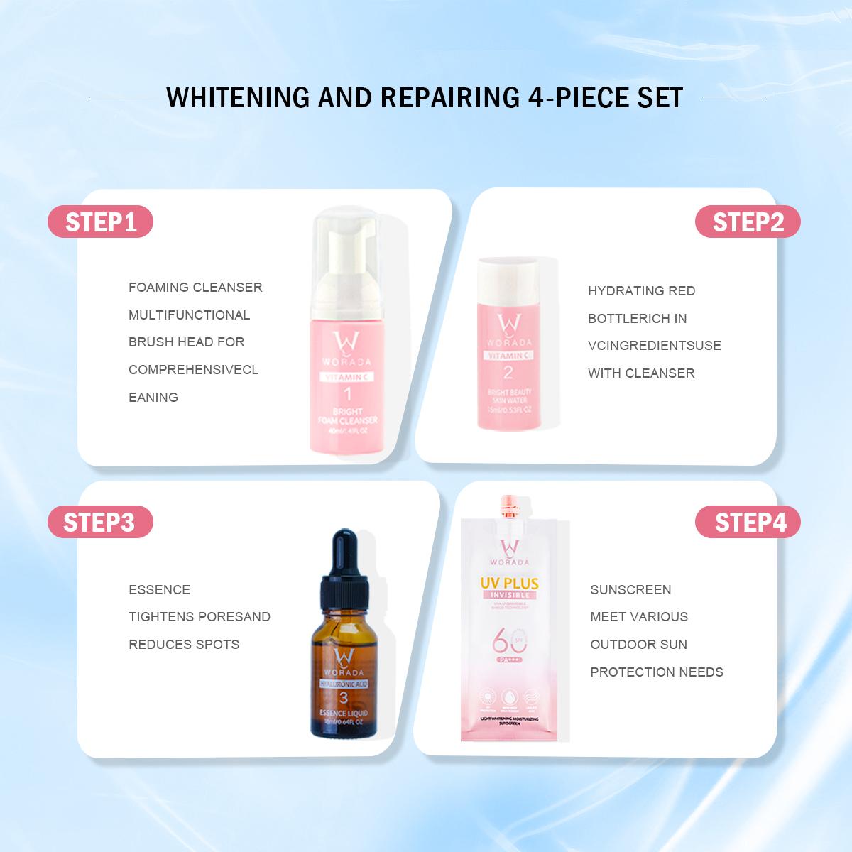 [FDA approved]WORADA 4-IN-1 Whitening Rejuvenating Set UV Plus Brightening Skin Care Kit with Vitamin C Foam Cleanser Hyaluronic Acid Essence SPF60 Sunscreen for All Skin Types Toner Soothing Repair Smooth Hydrating Moisture Moisturize  Hydrate Cleansing