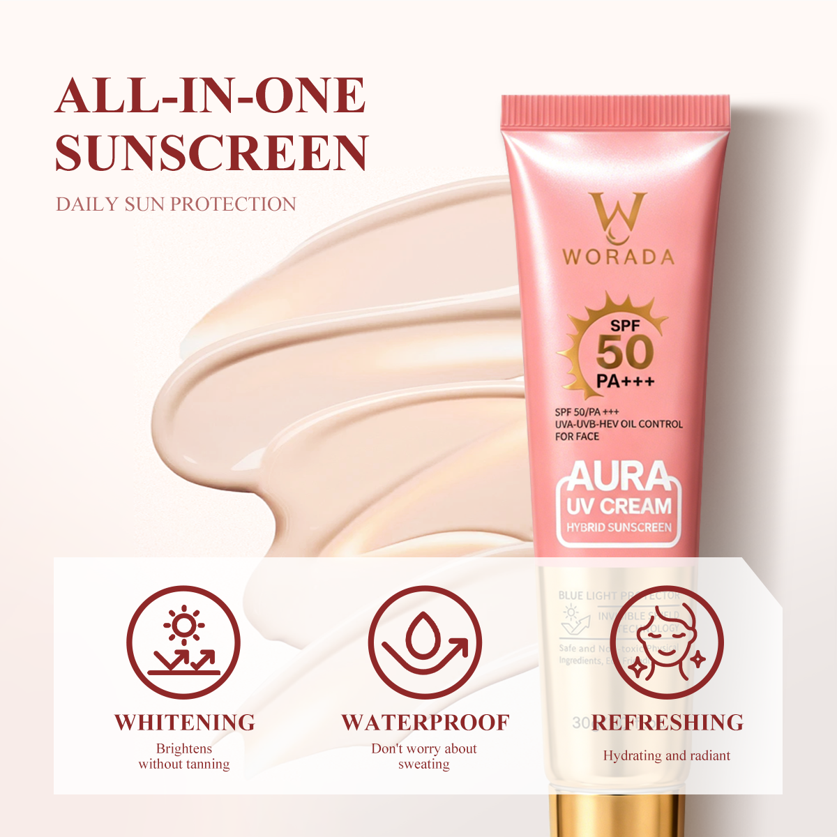 [FDA Approved] BUY 1 TAKE 1 WORADA SPF60 Facial Sunscreen Sunblock Whitening Cream Comfort Skincare Long Lasting All Skin Types 3IN1 Sunscreen Protection Moisturizer MakeUp Primer Skin Repair Uv Daily Hydrating Moisture beauty salve Pack WaterProof Gentle