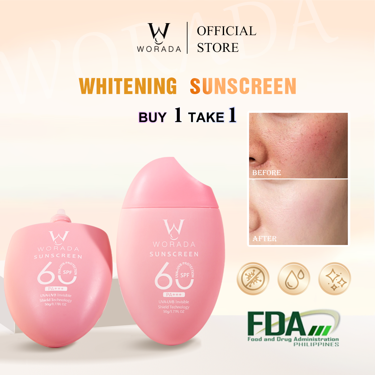 [FDA Approved] BUY 1 TAKE 1 WORADA SPF60 Facial Sunscreen Sunblock Whitening Cream Comfort Skincare Long Lasting All Skin Types 3IN1 Sunscreen Protection Moisturizer MakeUp Primer Skin Repair Uv Daily Hydrating Moisture beauty salve Pack WaterProof Gentle