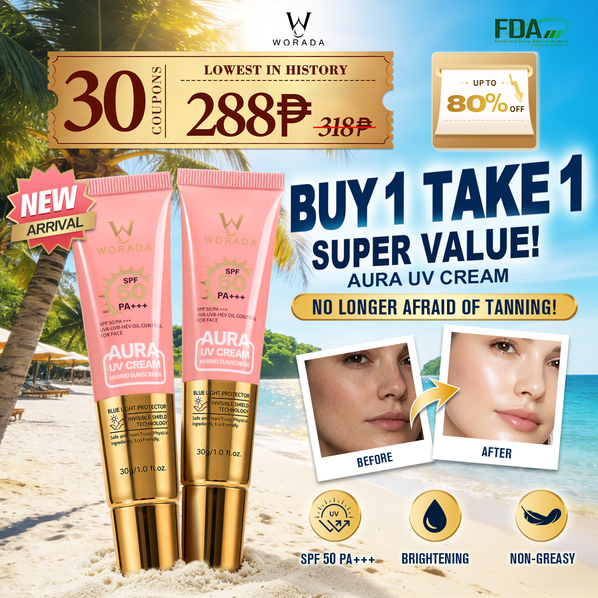 [FDA Approved] Buy 1 Take 1 WORADA Pink Tinted Sunscreen SPF 50+++Oil control water proof Lightweight & Non-Sticky, tinted sunscreen Fast Absorbing, Moisturizing UV Protection, Natural Tone-Up Effect, Skin-Friendly Daily Sunscreen Facial Hydrate Moisture