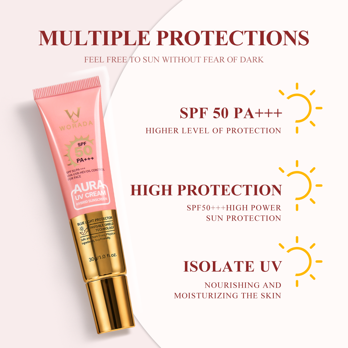 [FDA Approved] Buy 1 Take 1 WORADA Pink Tinted Sunscreen SPF 50+++Oil control water proof Lightweight & Non-Sticky, tinted sunscreen Fast Absorbing, Moisturizing UV Protection, Natural Tone-Up Effect, Skin-Friendly Daily Sunscreen Facial Hydrate Moisture