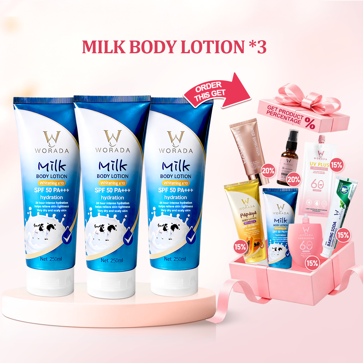 [Something Extra] WORADA SPF50 Body Sunscreen Lotion | 3 Pcs + Free Bonus Product | Whitening UV Protection Moisturizing | Lightweight Body Sunblock SPF50 Daily Protection