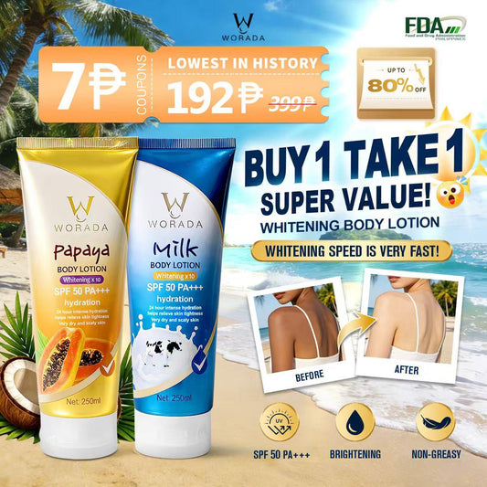 [FDA Approved] Buy 1 Get 1 Free WORADA SPF50 Whitening Body Sunscreen Moisturizes, brightens skin tone, repairs skin, lightweight daily body lotion, suitable for all skin types, outdoor sun protection, UV protection, added glutathione whitening ingredient