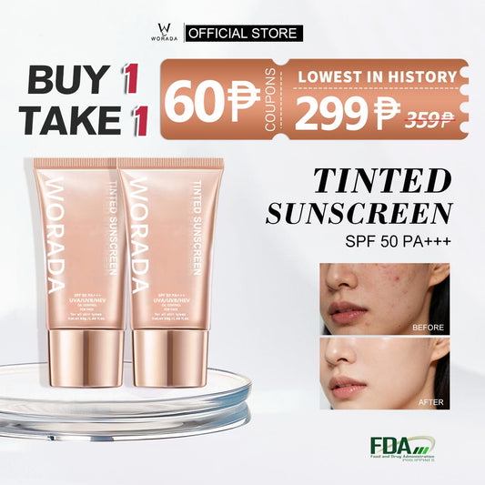 [FDA approved] Buy 1Take1 WORADA Tinted Sunscreen SPF50+++ Lightweight no white cast sun protection hydrating Vitamin E hydrating long-lasting for all skin types Gentle textureUse as a makeup primer sunscreenand gentle sunkissed Uv