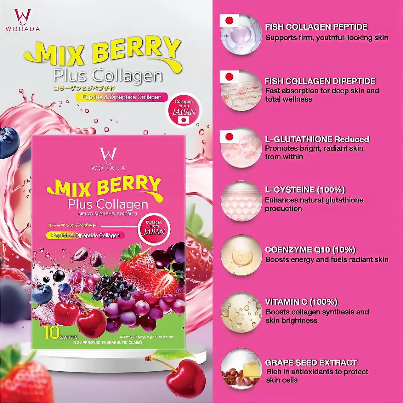 Worada New Japan Imported Collagen Peptide & Multi-Fruit Extract Supplement - Brightening & Firming, Deep Hydration, Fade Dark Spots, Improve Skin Elasticity, Mixed Berry Flavor, 10 Sachets - Dietary, Healthcare  Drink Beauty Edible
