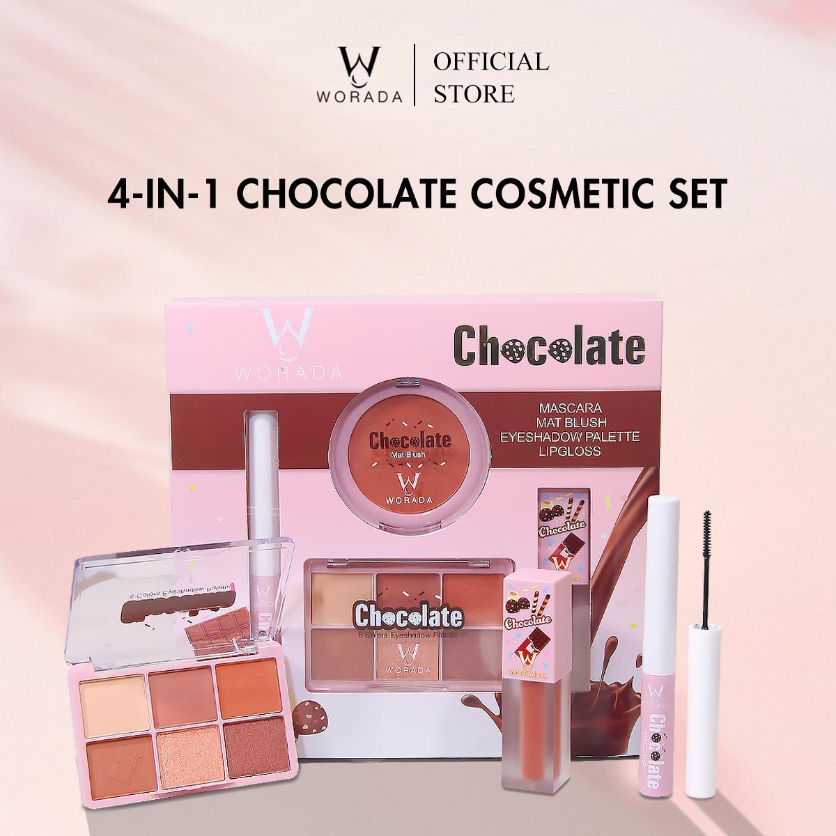 [FDA Approved] WORADA 4 in 1 Chocolate makeup set [eyeshadow 11g mascara 5ml lip gloss 4ml blush 5g] Flawless Makeup Cosmetic Suitable for all skin types mascara pallete make up face blush Eyeshadow lip gloss make up pallete lips  plant