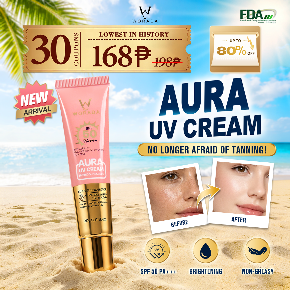 [FDA Approved] Buy 1 Take 1 WORADA Pink Tinted Sunscreen SPF 50+++Oil control water proof Lightweight & Non-Sticky, tinted sunscreen Fast Absorbing, Moisturizing UV Protection, Natural Tone-Up Effect, Skin-Friendly Daily Sunscreen Facial Hydrate Moisture