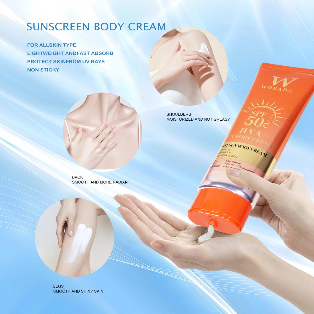 [FDA Approved] WORADA HYA  Whitening Suncreen SPF50 Body Cream 100ml for all skin type Waterproof sun protection lotion Moisture Hydrating Cosmetic Uv Daily body care Moisturizer Pack Bright Smooth Sunscreen