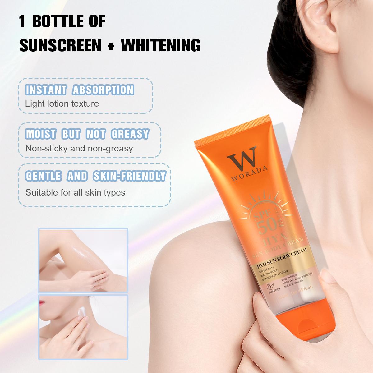 [FDA Approved] BUY 1 TAKE 1 WORADA HYA SUN BODY CREAM SPF50 Easy makeup Make skin white and bright soft and smooth WATERPOOF SUNSCREEN LOTION 100ML FOR All Skin Types Body Care Hydrating Waterproof Uv Pack Cosmetic Comfort Moisturizer Moisture Sunblock