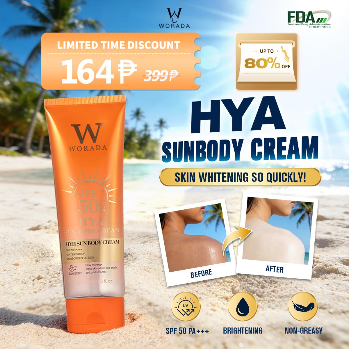 [FDA Approved] WORADA HYA  Whitening Suncreen SPF50 Body Cream 100ml for all skin type Waterproof sun protection lotion Moisture Hydrating Cosmetic Uv Daily body care Moisturizer Pack Bright Smooth Sunscreen