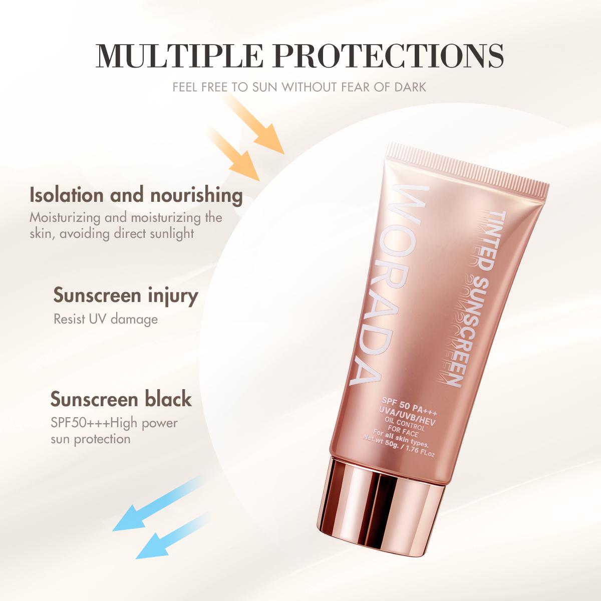 [FDA approved] Buy 1Take1 WORADA Tinted Sunscreen SPF50+++ Lightweight no white cast sun protection hydrating Vitamin E hydrating long-lasting for all skin types Gentle textureUse as a makeup primer sunscreenand gentle sunkissed Uv