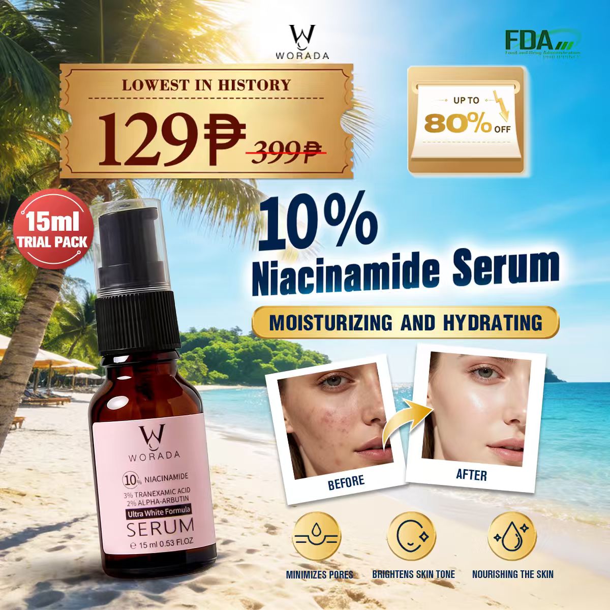 【FDA Approval】WORADA 10% Niacinamide Brightening Serum, revive serum，barrier care luxury，Public，Whitening Face Essence for Acne Marks and Dark Spots,, Whitening moisturizing Fast Redness Relief, Barrier Repair, Deep Hydration Glow Skin, All Skin Types