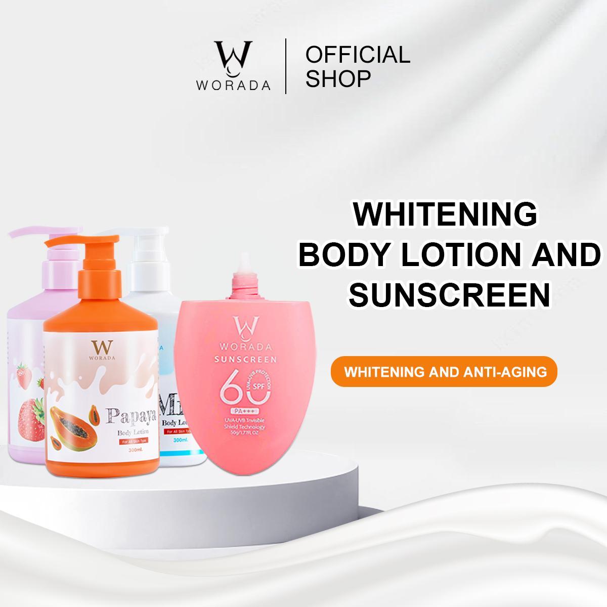 [FDA Approved] WORADA Sunscreen SPF60 PA+++ Sunblock Whitening Cream 50g And Whitening Lotion Gluta Acid Body Care Hydrating 300ml Skincare Pack Moisturizer Comfort Skin Repair Moisture Cosmetic Hyaluronic