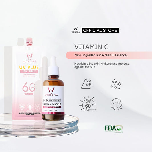 [FDA Approved] BUY 1 TAKE 1 WORADA SPF60 UV Plus Face Sunscreen and 4DHA HYALURONIC ACID WHITENING ESSENCE LIQUID Skincare Facial Comfort Skin Repair For All Skin Type Cream Pack Brightening Soothing Hydrating Radiant Moisturizer Hydrate Moisture