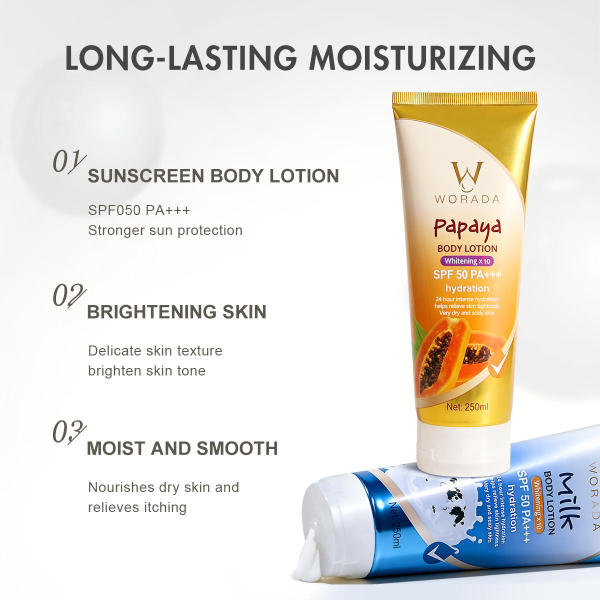 [Something Extra] WORADA SPF50 Body Sunscreen Lotion | 3 Pcs + Free Bonus Product | Whitening UV Protection Moisturizing | Lightweight Body Sunblock SPF50 Daily Protection