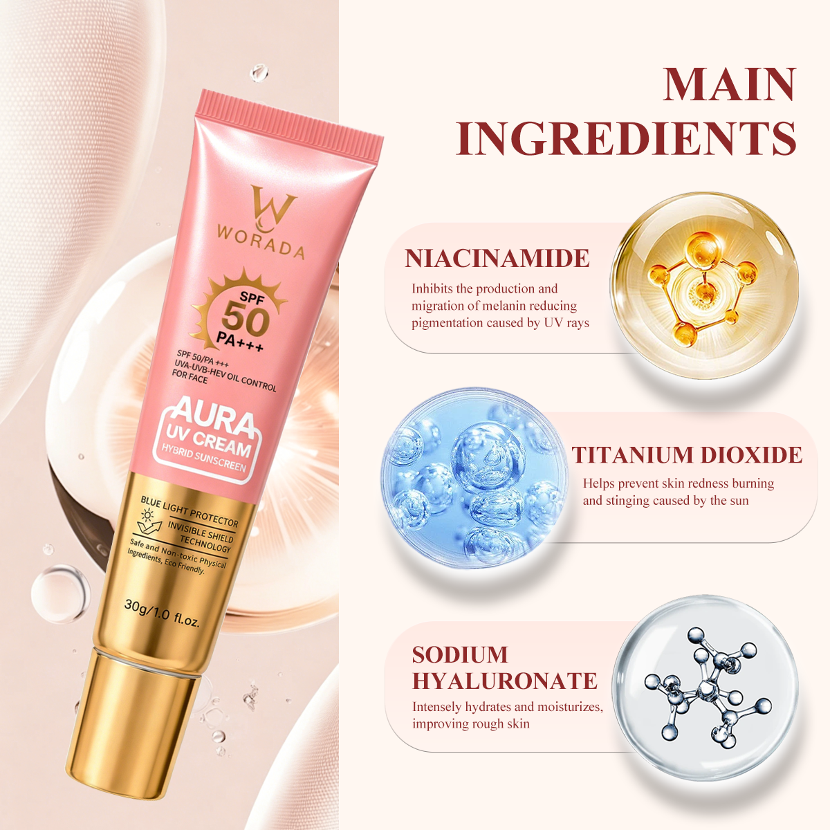 [FDA Approved] Buy 1 Take 1 WORADA Pink Tinted Sunscreen SPF 50+++Oil control water proof Lightweight & Non-Sticky, tinted sunscreen Fast Absorbing, Moisturizing UV Protection, Natural Tone-Up Effect, Skin-Friendly Daily Sunscreen Facial Hydrate Moisture