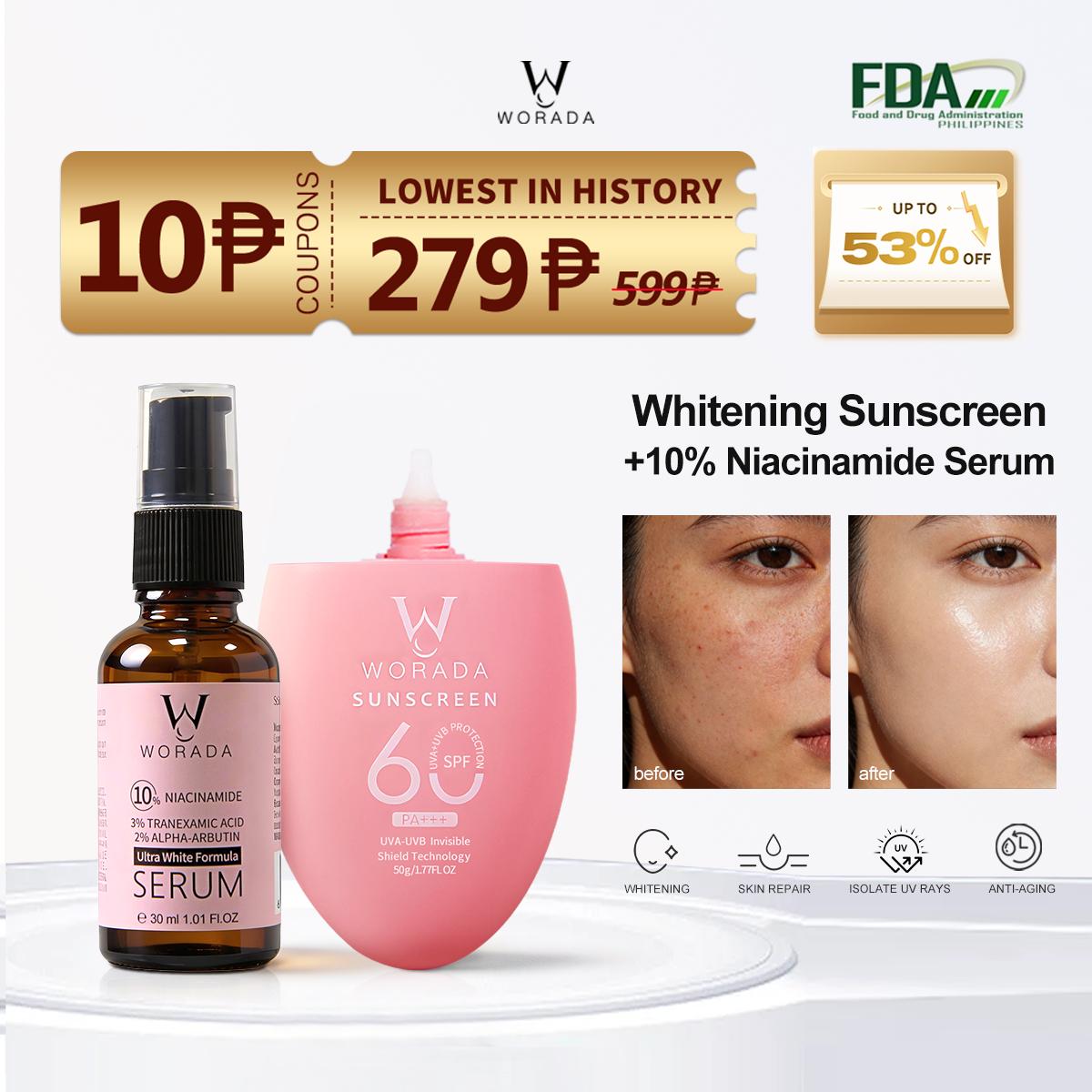 [FDA Approved] WORADA Niacinamide Serum 10% + SPF60 Sunscreen Set | Anti Acne Brightening Oil Control + Whitening Sunblock Waterproof Long Lasting UV Protection Hydrating Moisturizer Primer All Skin Types COD Buy 1 Take 1
