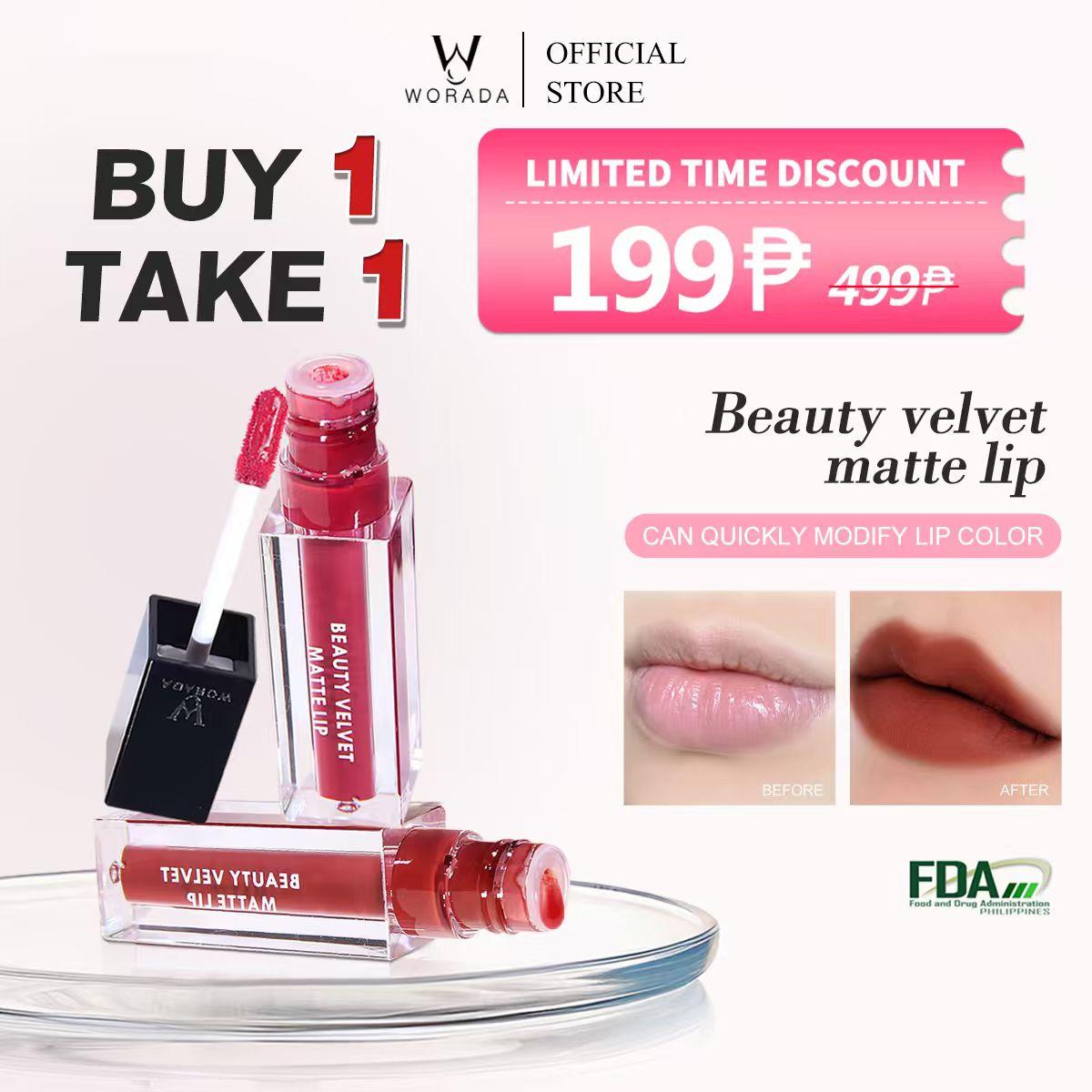 [FDA Approved] Buy 1 take 1 Worada Beauty Velvet Lip Matte WaterproofLong Lasring Smudge Proof Matte 3 Color Limited editionCosmetic Lipgloss Lipstick Makeup Lip Care Glossy grwm liptint happy skin jelly water tint