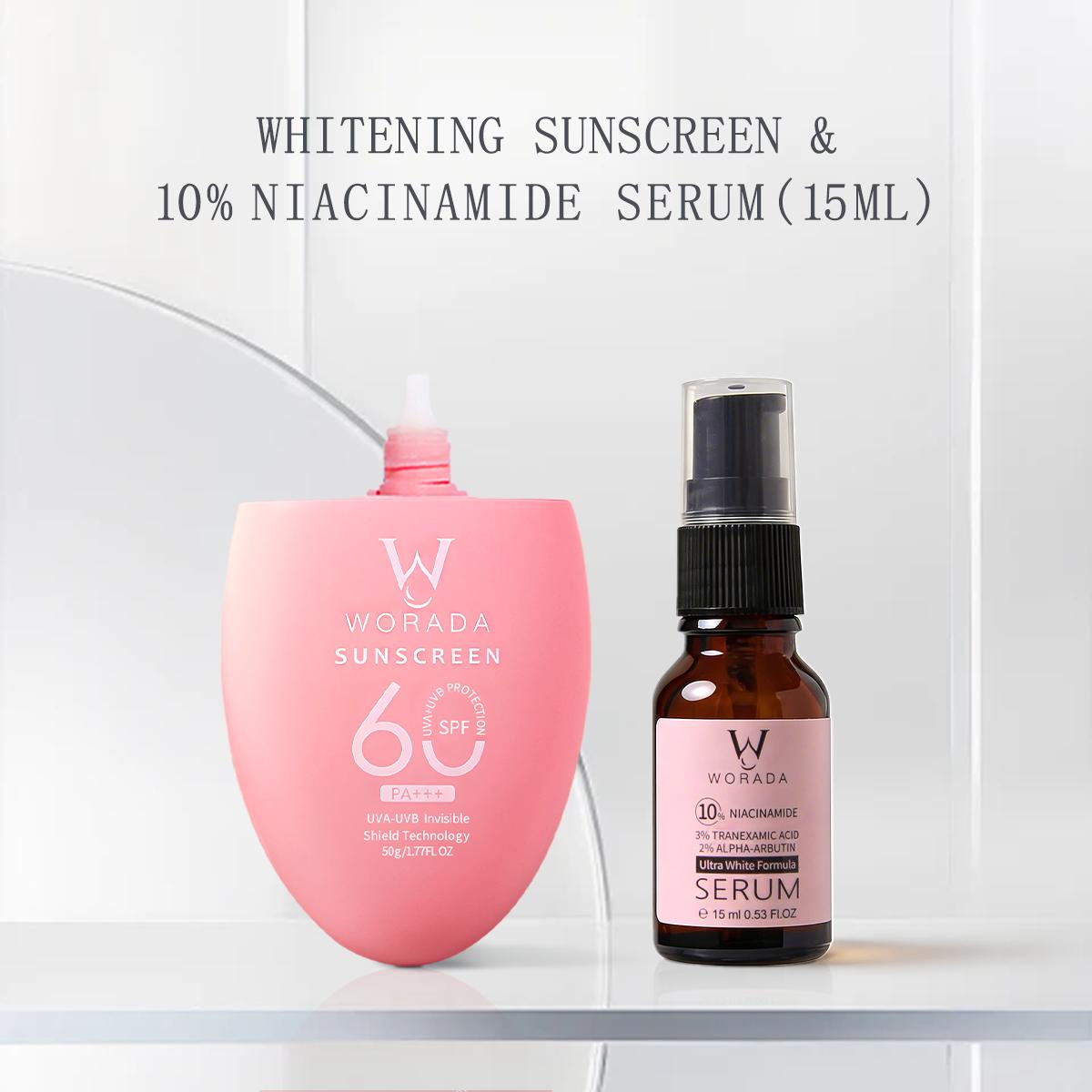 [FDA Approved] WORADA Niacinamide Serum 10% + SPF60 Sunscreen Set | Anti Acne Brightening Oil Control + Whitening Sunblock Waterproof Long Lasting UV Protection Hydrating Moisturizer Primer All Skin Types COD Buy 1 Take 1