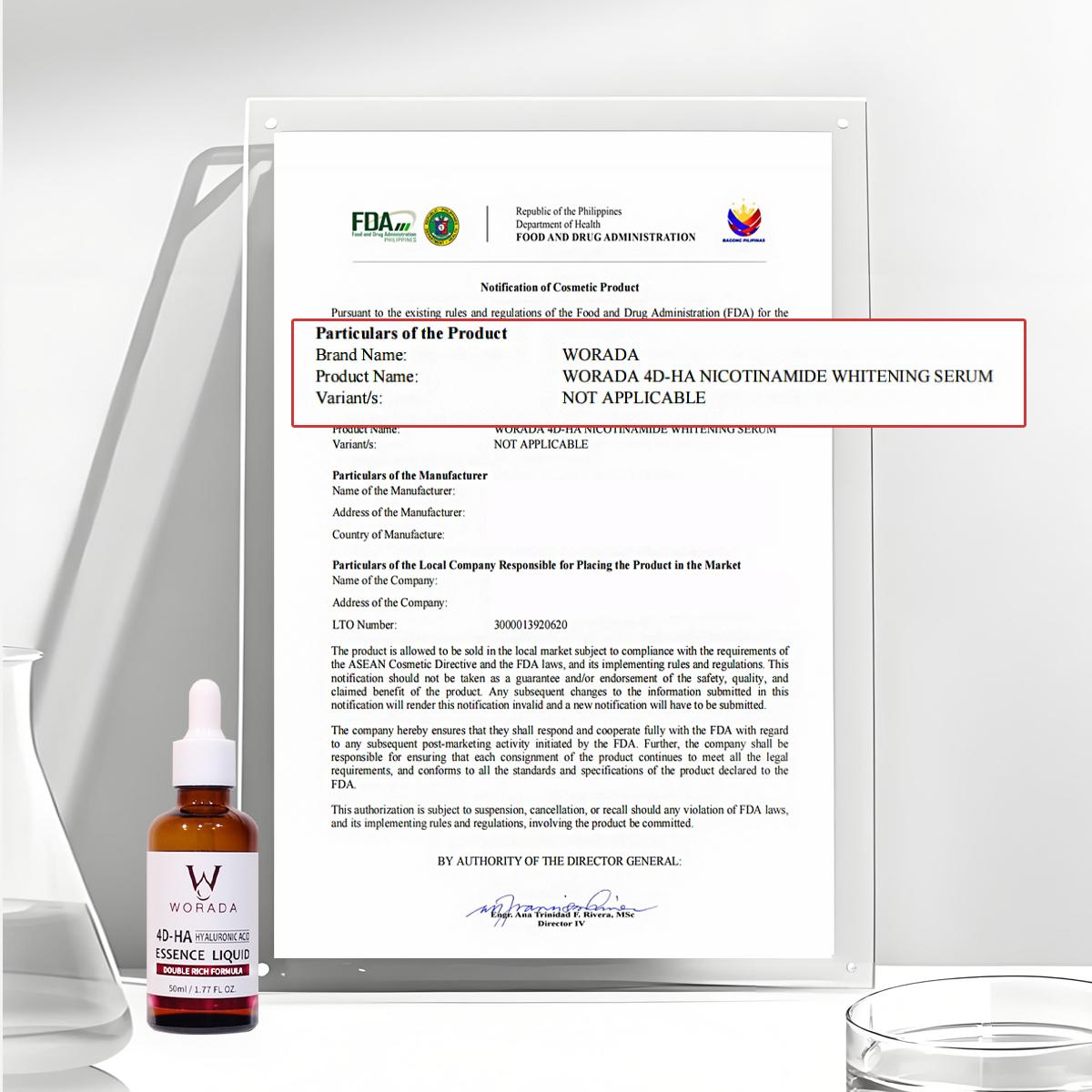 [FDA Approved] WORADA 4D-HA HYALURONIC ACID Nicotinamide WHITENING ESSENCE LIQUID 50ML | Moist and Smooth Skin | Enhanced Skin Radiance Serums Skincare Skin Repair Comfort Moisturizer Moisturize Pack Radiant Hydrating Brightening Moisture Daily Hydrate