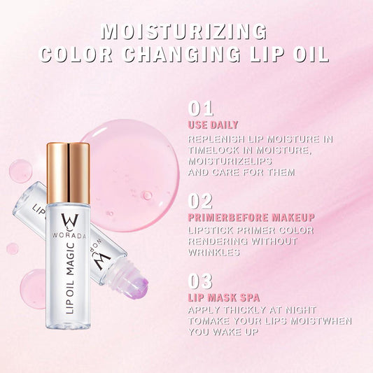 [FDA Approved] WORADA Magic change color Lip Oil Long Lasting Smooth Lightweight Moisturizing Shine Shimmer Plumping Tint Care 8.5ml Cosmetic Gloss Lipgloss Glossy Lipstick Lip Care Makeup Moisturizer Hydrate Matte Moisture Pack kay gandaserum lips Brush