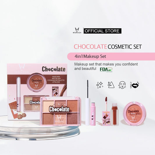 [FDA Approved] WORADA 4 in 1 Chocolate makeup set [eyeshadow 11g mascara 5ml lip gloss 4ml blush 5g] Flawless Makeup Cosmetic Suitable for all skin types mascara pallete make up face blush Eyeshadow lip gloss make up pallete lips  plant