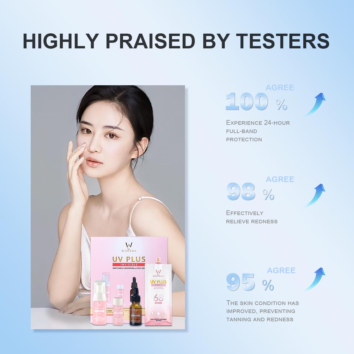 [FDA approved]WORADA 4-IN-1 Whitening Rejuvenating Set UV Plus Brightening Skin Care Kit with Vitamin C Foam Cleanser Hyaluronic Acid Essence SPF60 Sunscreen for All Skin Types Toner Soothing Repair Smooth Hydrating Moisture Moisturize  Hydrate Cleansing