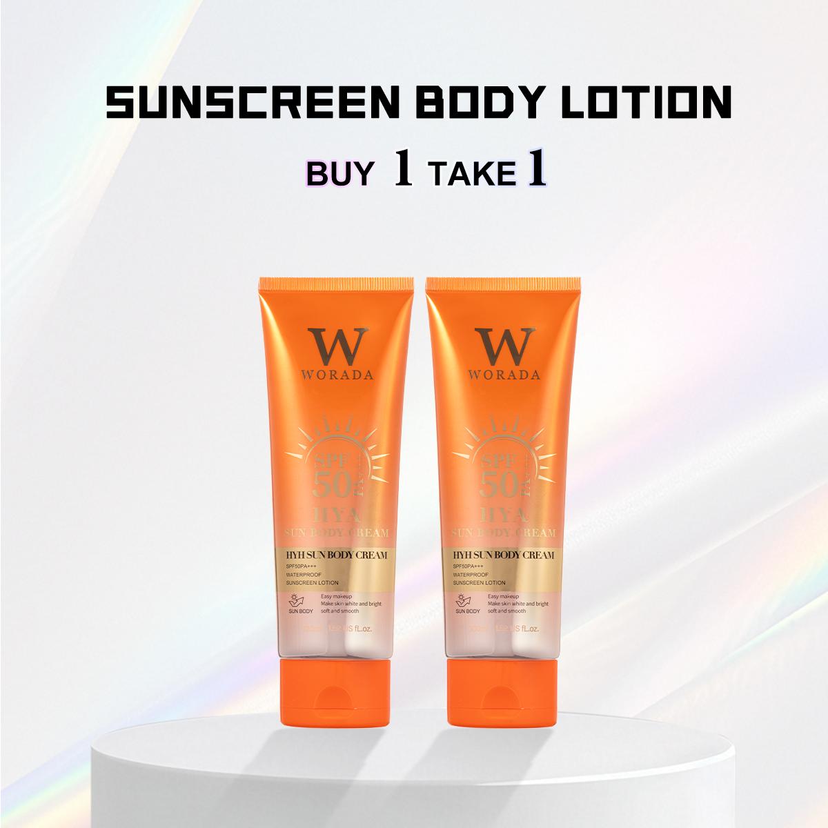 [FDA Approved] BUY 1 TAKE 1 WORADA HYA SUN BODY CREAM SPF50 Easy makeup Make skin white and bright soft and smooth WATERPOOF SUNSCREEN LOTION 100ML FOR All Skin Types Body Care Hydrating Waterproof Uv Pack Cosmetic Comfort Moisturizer Moisture Sunblock
