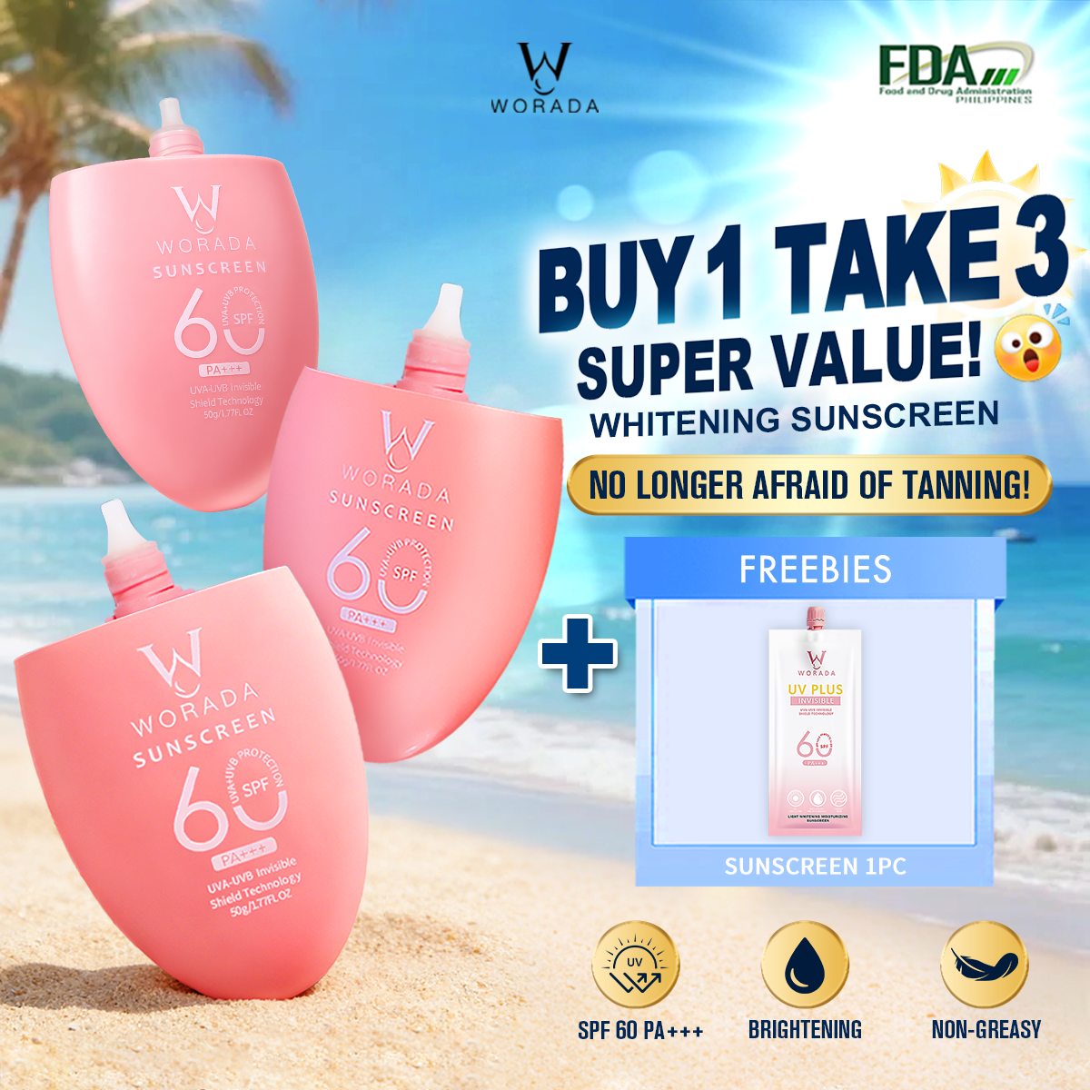 [FDA Approved] BUY 1 TAKE 1 WORADA SPF60 Facial Sunscreen Sunblock Whitening Cream Comfort Skincare Long Lasting All Skin Types 3IN1 Sunscreen Protection Moisturizer MakeUp Primer Skin Repair Uv Daily Hydrating Moisture beauty salve Pack WaterProof Gentle