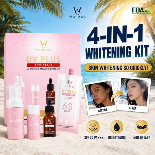 [FDA approved]WORADA 4-IN-1 Whitening Rejuvenating Set UV Plus Brightening Skin Care Kit with Vitamin C Foam Cleanser Hyaluronic Acid Essence SPF60 Sunscreen for All Skin Types Toner Soothing Repair Smooth Hydrating Moisture Moisturize  Hydrate Cleansing