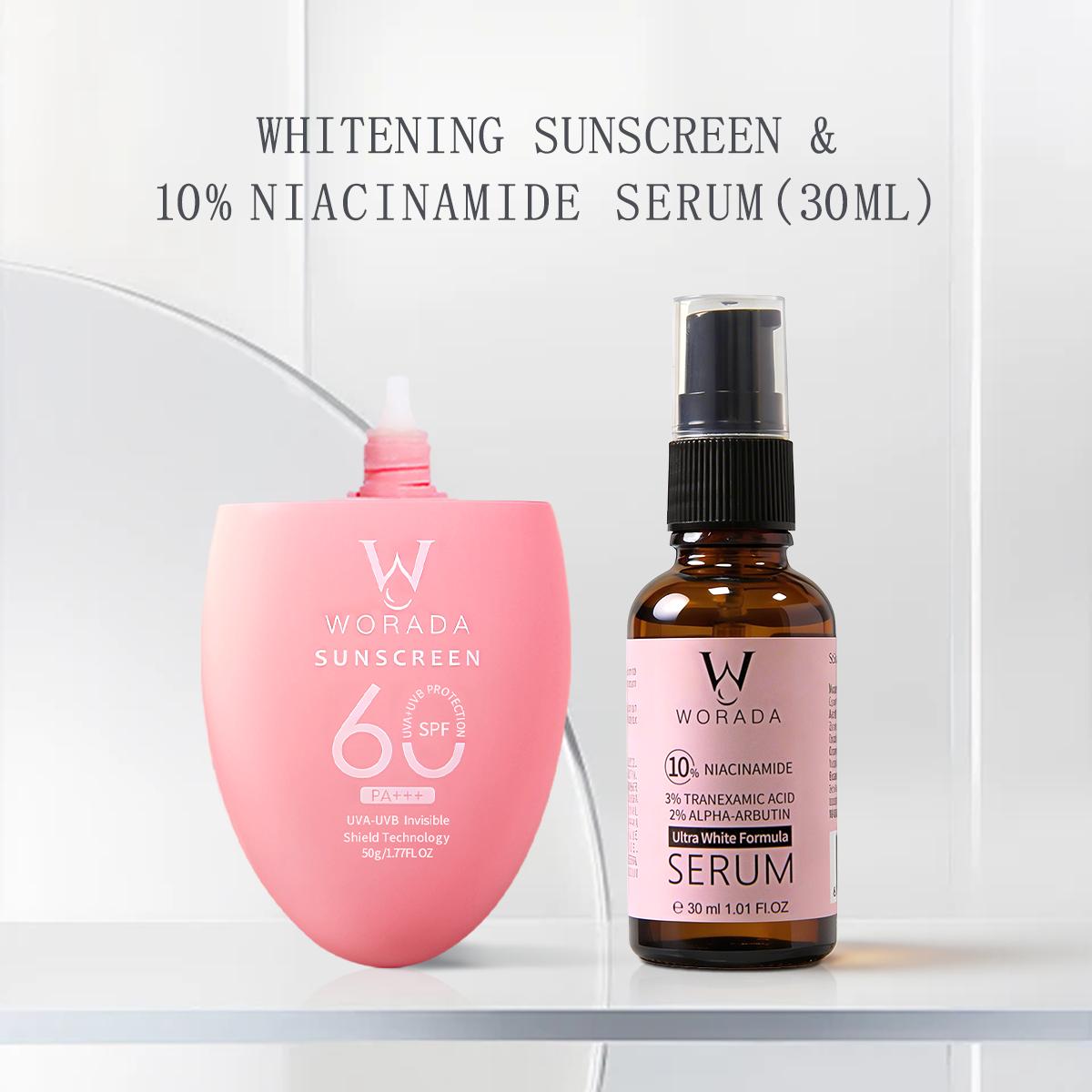 [FDA Approved] WORADA Niacinamide Serum 10% + SPF60 Sunscreen Set | Anti Acne Brightening Oil Control + Whitening Sunblock Waterproof Long Lasting UV Protection Hydrating Moisturizer Primer All Skin Types COD Buy 1 Take 1