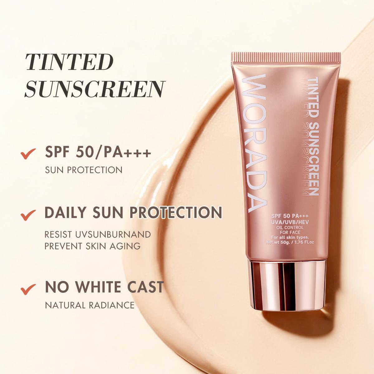 [FDA approved] Buy 1Take1 WORADA Tinted Sunscreen SPF50+++ Lightweight no white cast sun protection hydrating Vitamin E hydrating long-lasting for all skin types Gentle textureUse as a makeup primer sunscreenand gentle sunkissed Uv