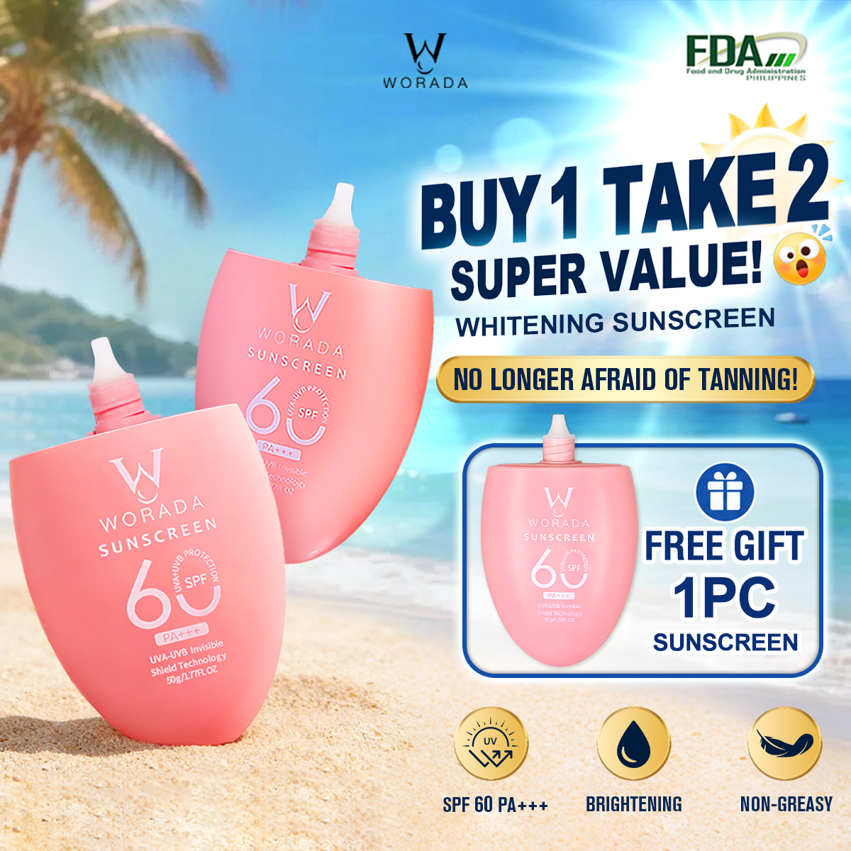 [FDA Approved] BUY 1 TAKE 1 WORADA SPF60 Facial Sunscreen Sunblock Whitening Cream Comfort Skincare Long Lasting All Skin Types 3IN1 Sunscreen Protection Moisturizer MakeUp Primer Skin Repair Uv Daily Hydrating Moisture beauty salve Pack WaterProof Gentle