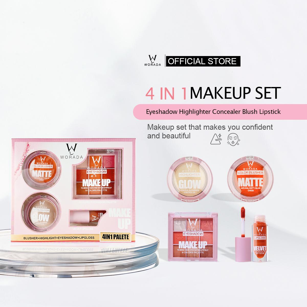 [FDA Approved] WORADA 4-piece makeup set high-color eyeshadow, matte lipstick, soft blush, fine shimmer highlighter Cosmetic