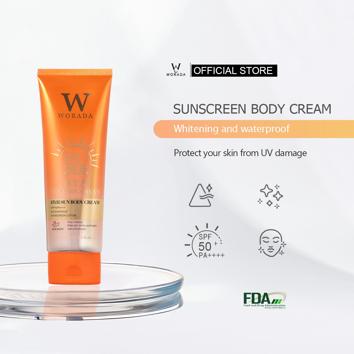 [FDA Approved] WORADA HYA  Whitening Suncreen SPF50 Body Cream 100ml for all skin type Waterproof sun protection lotion Moisture Hydrating Cosmetic Uv Daily body care Moisturizer Pack Bright Smooth Sunscreen