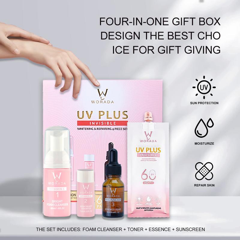 [FDA Approved]WORADA Whitening Rejuvenating Set UVPlus Brightening Repairing Suitable For All Skin Type VitaminC foam cleanser/Vitamin C toner/Hyaluronic acid essence/SPF60 sunscreen Skin Repair Moisturizer Kit Soothing Cleansing Hydrating Moisture