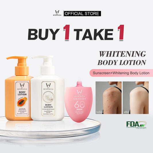 [FDA Approved] BUY 1 TAKE 1 WORADA SPF60 Sunscreen Sunblock + Papaya Whitening Lotion | Waterproof UV Protection | Brightening & Skin Repair | Deep Hydration Moisturizer | Body Care Combo | All Skin Types | Daily Use Glow Skin