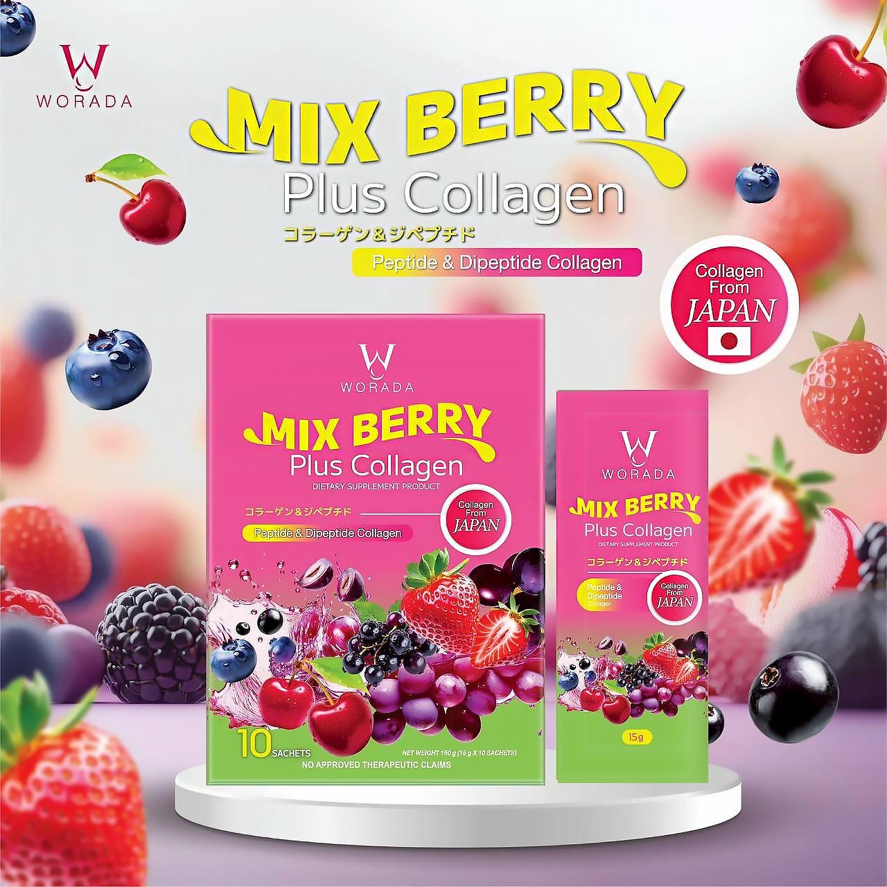 Worada New Japan Imported Collagen Peptide & Multi-Fruit Extract Supplement - Brightening & Firming, Deep Hydration, Fade Dark Spots, Improve Skin Elasticity, Mixed Berry Flavor, 10 Sachets - Dietary, Healthcare  Drink Beauty Edible