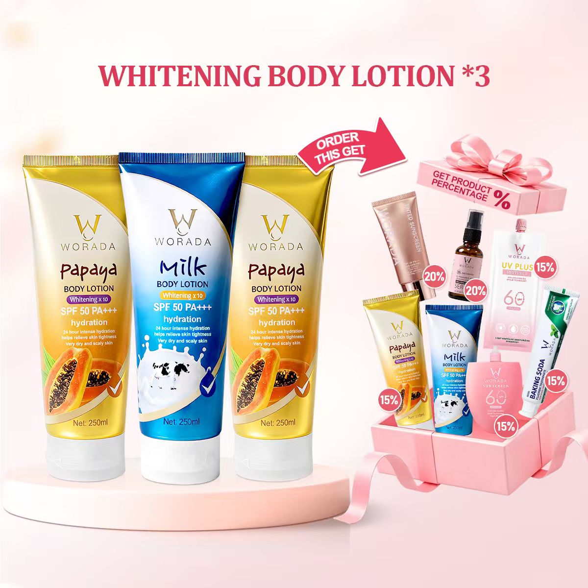 [Something Extra] WORADA SPF50 Body Sunscreen Lotion | 3 Pcs + Free Bonus Product | Whitening UV Protection Moisturizing | Lightweight Body Sunblock SPF50 Daily Protection
