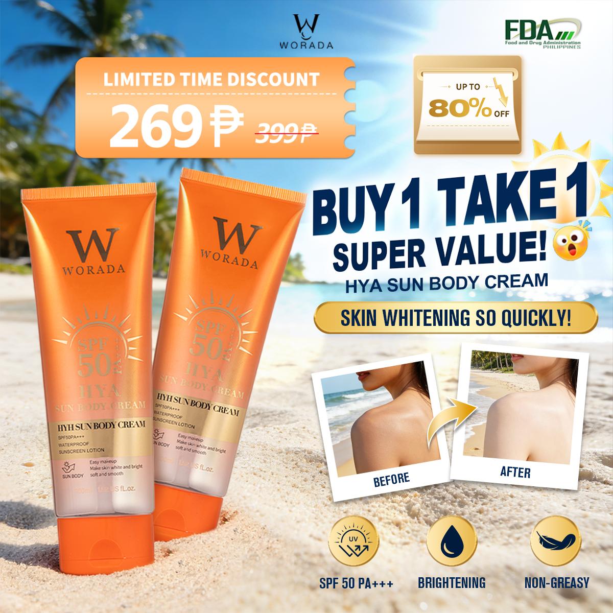 [FDA Approved] BUY 1 TAKE 1 WORADA HYA SUN BODY CREAM SPF50 Easy makeup Make skin white and bright soft and smooth WATERPOOF SUNSCREEN LOTION 100ML FOR All Skin Types Body Care Hydrating Waterproof Uv Pack Cosmetic Comfort Moisturizer Moisture Sunblock