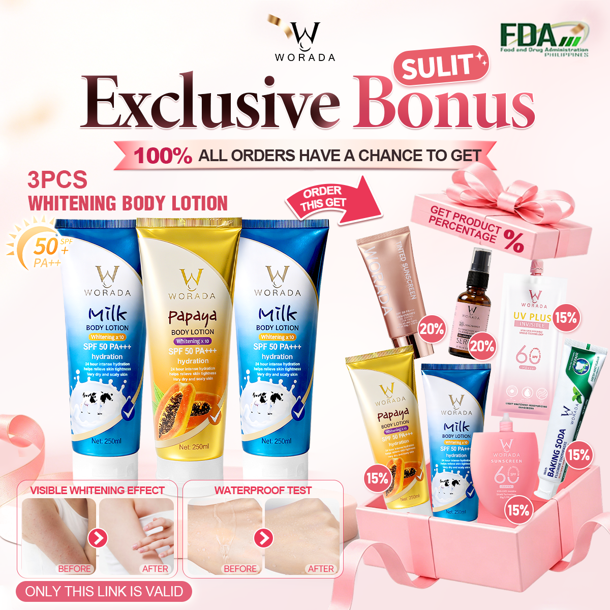 [Something Extra] WORADA SPF50 Body Sunscreen Lotion | 3 Pcs + Free Bonus Product | Whitening UV Protection Moisturizing | Lightweight Body Sunblock SPF50 Daily Protection