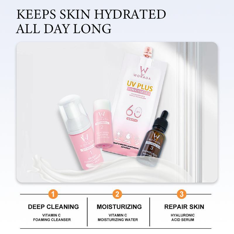 [FDA Approved]WORADA Whitening Rejuvenating Set UVPlus Brightening Repairing Suitable For All Skin Type VitaminC foam cleanser/Vitamin C toner/Hyaluronic acid essence/SPF60 sunscreen Skin Repair Moisturizer Kit Soothing Cleansing Hydrating Moisture